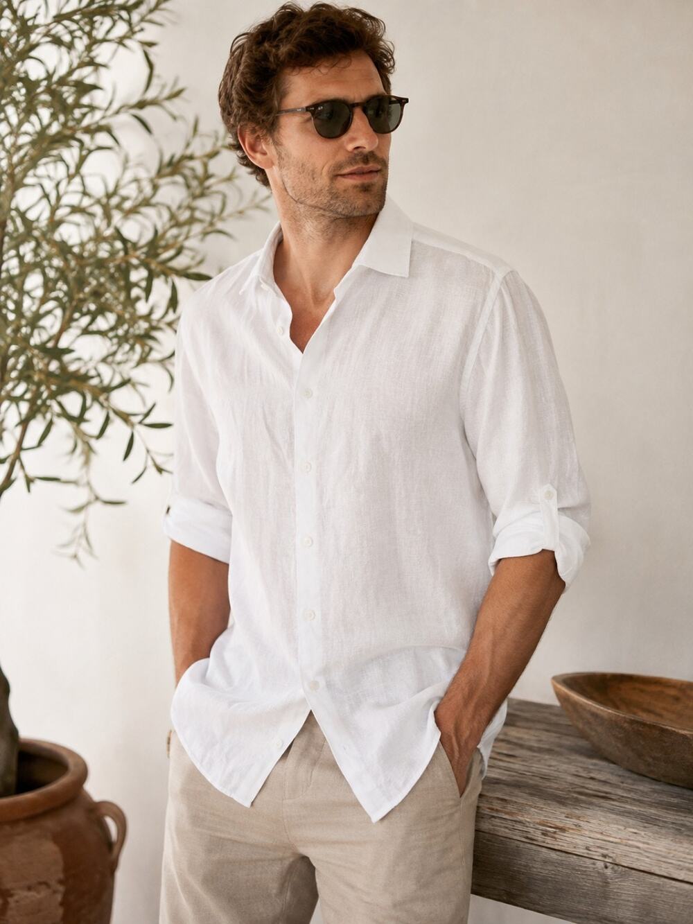 Modelcloth Men's XL White 100% Linen Button Up Shirt Short Sleeve Coastal